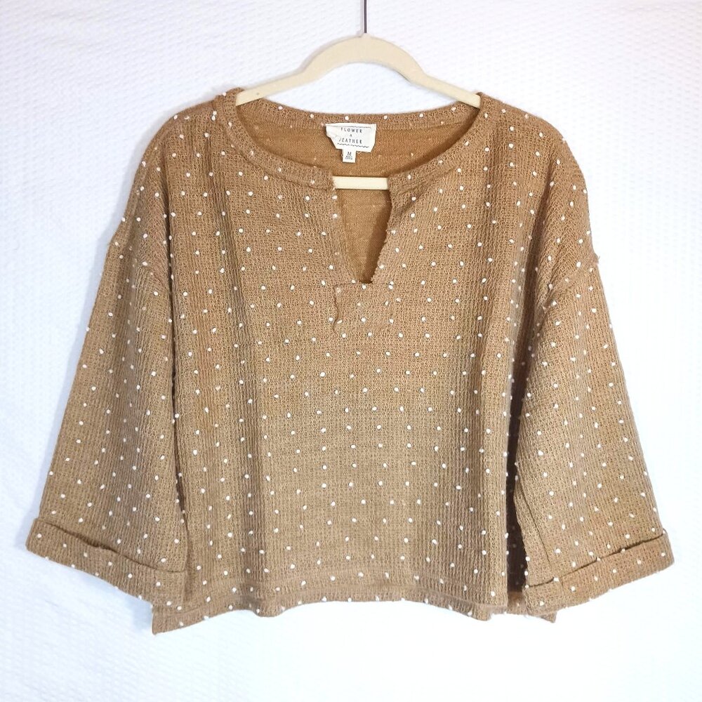 Flower & Feather Crop V-Neck Polka Dot Tan Knit Sweater Size M